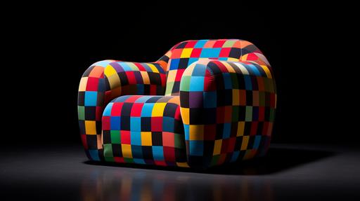 Armchair with multicolored checkered fabric, black background --ar 16:9