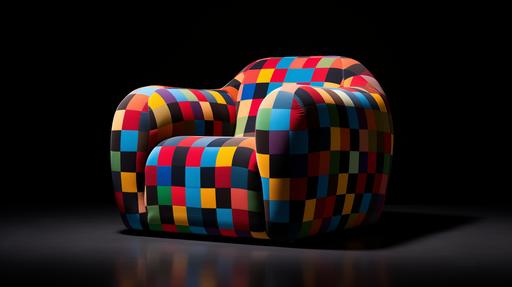 Armchair with multicolored checkered fabric, black background --ar 16:9
