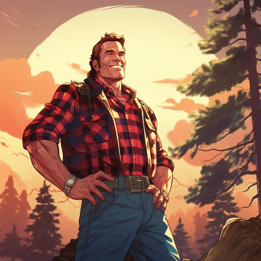 Arnold Schwarzenegger as a red-and-black plaid-wearing lumberjack, grinning, standing next to a giant pine tree on a mesa, late afternoon, Lumberjanes style