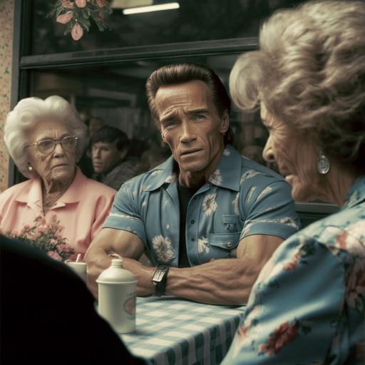 Arnold Schwarzenegger as the Terminator from T2: The Judgement day having tea with two old ladies outside, at a tea shop. The old ladies faces cannot be seen as they are sitting facing backwards but one has a strong build and long hair. Both women are wearing french colonial style dresses