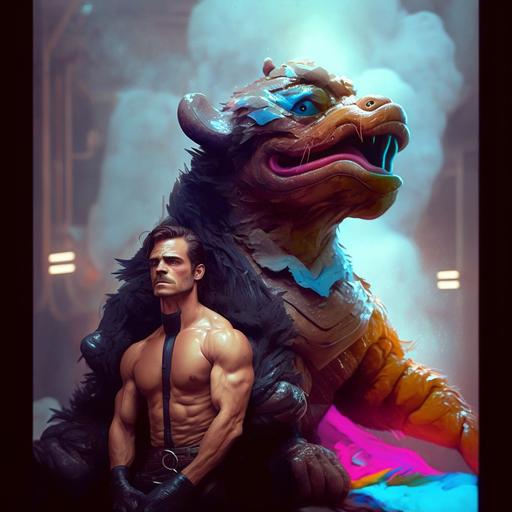 young leather gay muscle jock man wearing leather with a muppet in a sauna robert mapplethorpe david lachappelle hyper-realism detailed futurism