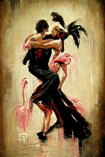 Art Deco of Flamingo couple dancing Flamenco, thick paint(dripping pain), style by fabian perez::50 blue raindrops falling --ar 50:70 --q 0.5