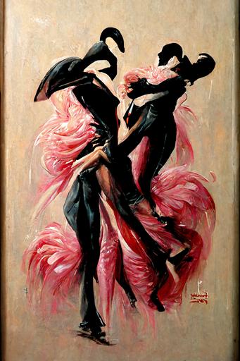 Art Deco of Flamingo couple dancing Flamenco, thick paint(dripping pain), style by fabian perez::50 blue raindrops falling --ar 50:70  --q 0.5