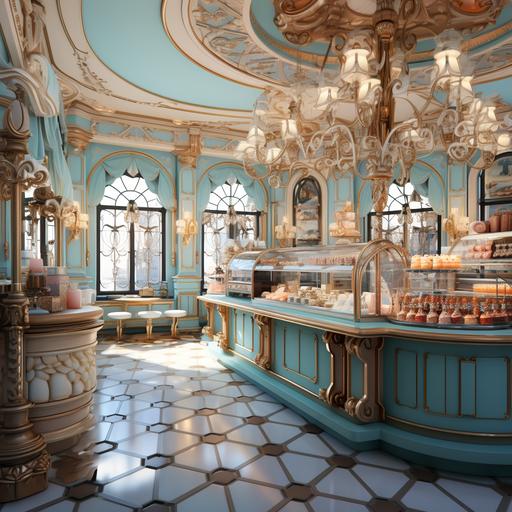 Art Nouveau Ice Cream shop with several ice cream flavors on display and details Art Nouveau interior 8k --ar 1:1 --v 5.2 --stylize 250