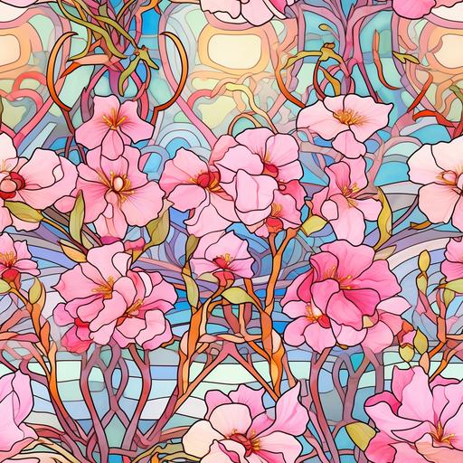 Art Nouveau painting. Including Intense Yellow, pink, green and Blue-Violet. Unblended color. Combine elements Art Deco. Featuring flowers, geometric forms and animals, Lighting is even and soft. The background of the image is Almond Blossom Pink. --tile