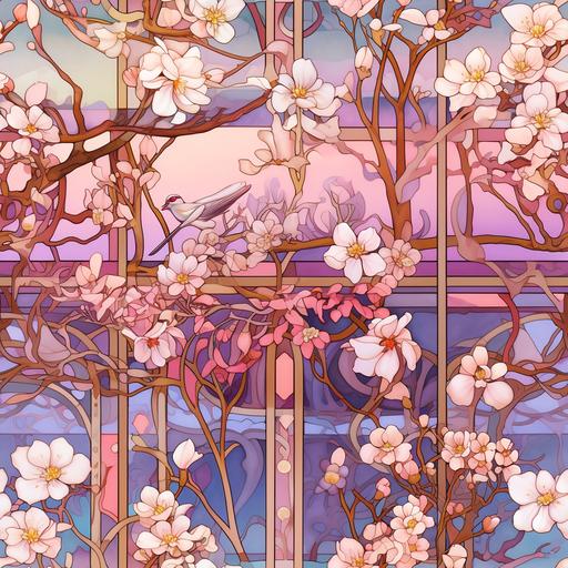 Art Nouveau painting. Including Intense Yellow, pink, green and Blue-Violet. Unblended color. Combine elements Art Deco. Featuring flowers, geometric forms and animals, Lighting is even and soft. The background of the image is Almond Blossom Pink. --tile