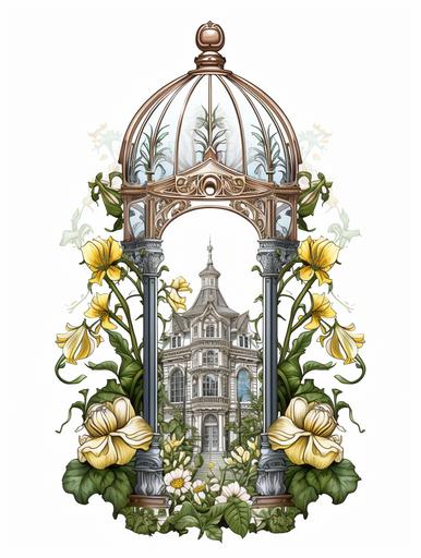 Art Nouveau street lamp , background of old botanical garden building, reflective and bright, on white background::1.5 outline::0.5 gradients::-1 --ar 3:4