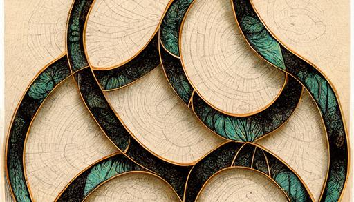 Art Nouveau tree rings, illustration, ink blots, circles, arcs  Art Deco tree rings, illustration, ink blots, rectangles, octagons --ar 16:9