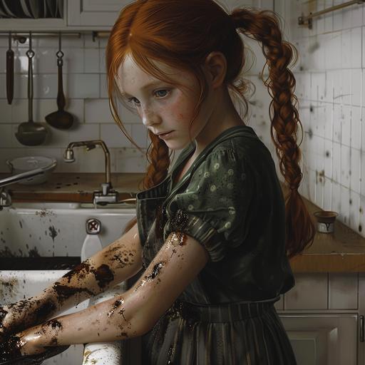 Art by hyper-realistic: blob: blob: blob: 8 year old redhead girl, light brown eyes, beautiful, washing, in a kitchen sink, with white tile walls (30 x 30), a pan with a very black charcoal bottom (medium pan), the sink counter is of white marble, in the marble there are white enamel sinks, square, the kitchen is beautiful, well organized, the only mess is above the sink, the marble hits the girl's waist, she is standing, facing the sink scrubbing her bottom of the pan that is dirty with coal, the girl has her arms dirty with coal and a little coal on her face, too (she is very grumpy), green dress, socks below the knee, striped in green and white and brown shoes . THE GIRL IS NOT IN OR ON TOP OF THE SINK. THE GIRL IS STANDING IN THE KITCHEN, FACING THE SINK, WASHING A PAN!