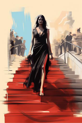 Art deco poster of a beautiful full length brunette actress walks the red carpet in black shoes at the Venice Film Festival and is caught on camera. Sketch effect with colored pencils. --ar 2:3