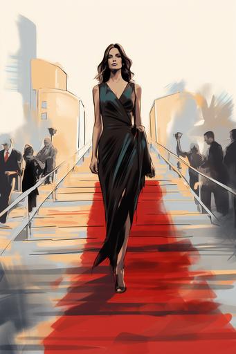 Art deco poster of a beautiful full length brunette actress walks the red carpet in black shoes at the Venice Film Festival and is caught on camera. Sketch effect with colored pencils. --ar 2:3
