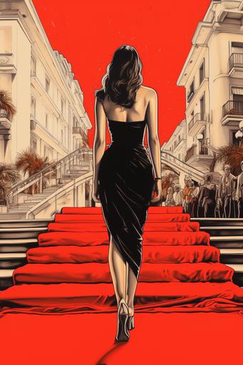Art deco poster of a beautiful full length brunette actress walking in profile on the red carpet in black shoes at the Venice Film Festival and being filmed on camera, far away. Effect of sketching with colored pencils. In red and black colors. --ar 2:3