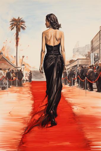 Art deco poster of a beautiful full length brunette actress walking in profile on the red carpet in black shoes at the Venice Film Festival and being filmed on camera, far away. Effect of sketching with colored pencils. In red and black colors. --ar 2:3