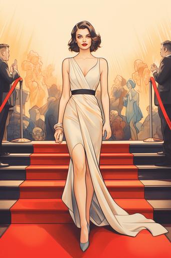 Art deco style illustration of a beautiful full length brunette actress walks the red carpet in black shoes at a film festival. Sketch effect with colored pencils. --ar 2:3