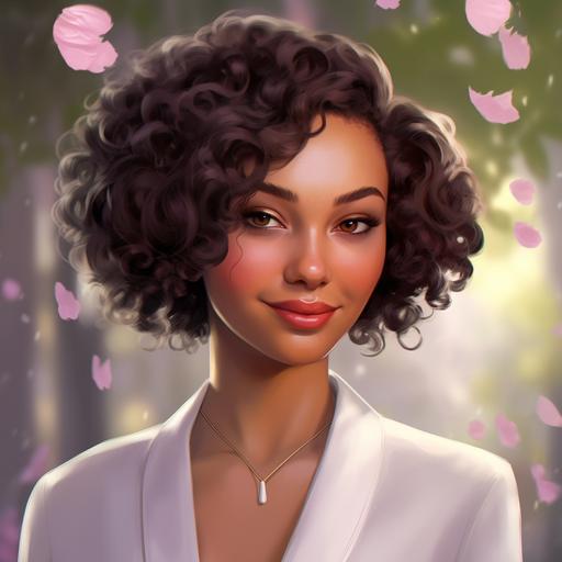 light brown skin color woman, has 25 years old, short hair, wavy hair, brown hair, triangle face shape, round eyes, brown eyes, long eyelashes, thick eyebrowns, wide smile, dark pink lips, wearing an elegant white with light purple coat with a white top, business woman look, garden of roses at the background, realistic style