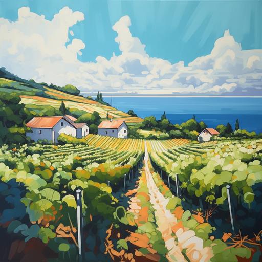 minimalistic painting of vineyard in peninsula in Croatia