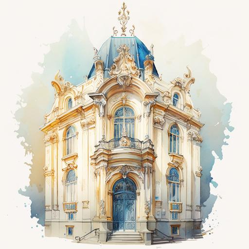 Art nouveau building, architecture, watercolor, white stone, gold, blue colors, wood