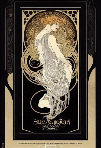 Art nouveau profile photography of Alison Sudol art nouveau metalcore space opera, Alphonse Mucha, HR Giger, art nouveau movie poster, black paper silver and gold ink, hyper detailed, smooth gradients, full frame borders, tome mapping, hyper detailed UE5 8k —ar 2:3 —testp --upbeta