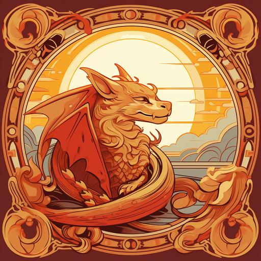 Art nouveau style illustration of mystical Dragon cub sleeps in the sun.European antic banner style. Sun surrounds the dragon cub, so make dragon cub slightly small in art. Simple, use golden, eart tones, orange, yellow, red and colors around thoose tones. Aim to make it like majestic tarot card. Make dragon seems powerfull in sleep (can eyes be show the power). Chinese artwork antic banner style. European Monk style.--ar 9:16