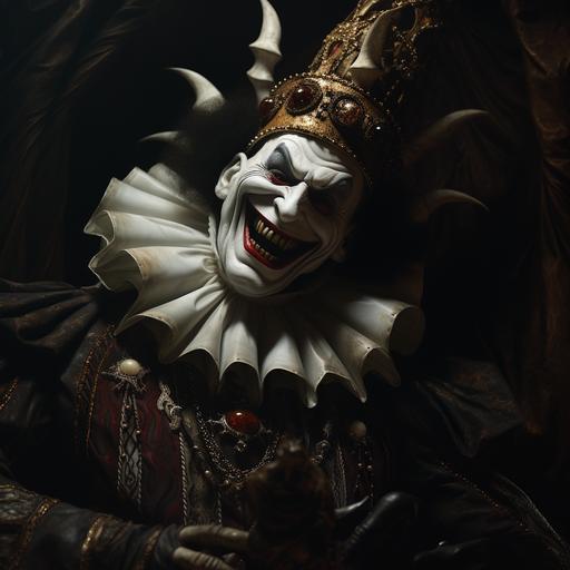 Art of Caravaggio, joker tipe smile king of hell with crown on their head, wearing strange outfit, close up angle. Caravaggio:: 16:9, 1920:1080 HD