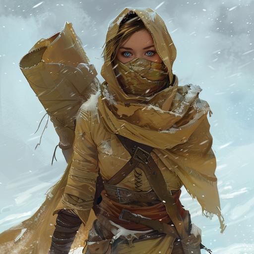 Art of a young freman woman, in tan bandages with her face covered except for her blue eyes, walking through the snow, with a giant paper scroll on her back, in the style of dungeons and dragons art.