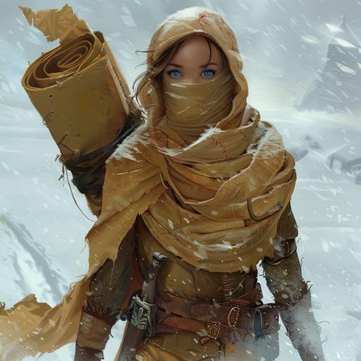 Art of a young freman woman, in tan bandages with her face covered except for her blue eyes, walking through the snow, with a giant paper scroll on her back, in the style of dungeons and dragons art. --v 6.0