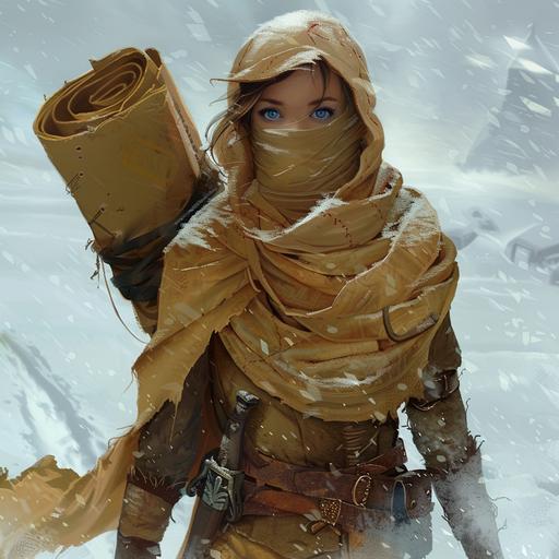 Art of a young freman woman, in tan bandages with her face and forehead covered except for her blue eyes, walking through the snow, with a giant paper scroll on her back, in the style of dungeons and dragons art. --v 6.0