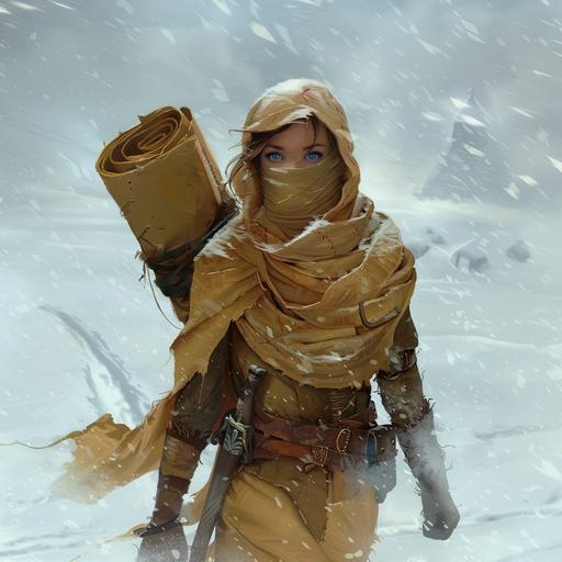 Art of a young freman woman, in tan bandages with her face and forehead covered except for her blue eyes, walking through the snow, with a giant paper scroll on her back, in the style of dungeons and dragons art. --v 6.0