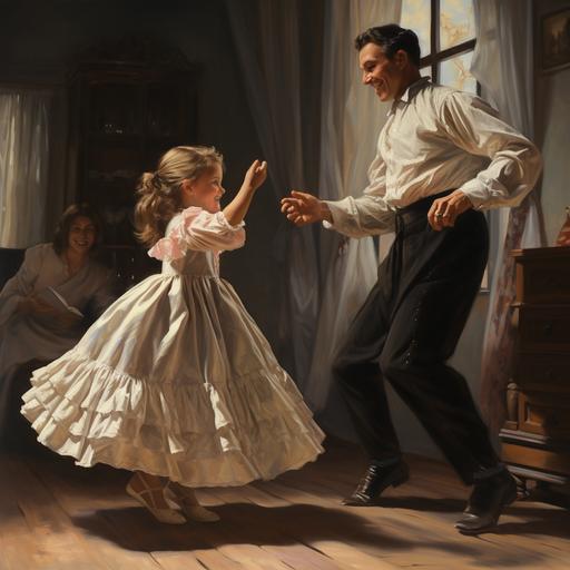 Art. A 4-year-old girl watches her mom and dad dance ballet. The style of 19th century Italy