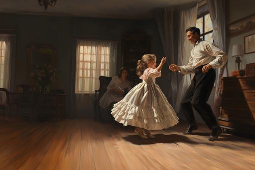 Art. A 4-year-old girl watches her mom and dad dance ballet. The style of 19th century Italy