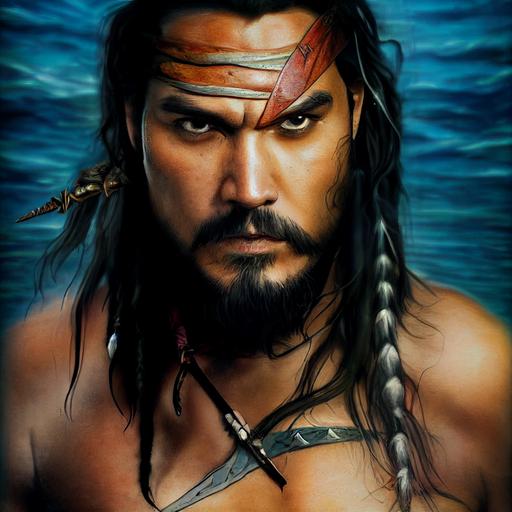 Artgerm, Wlop, midle-age man, Jason Mamoa mixed with a Jack Sparrow, maori saylor, gray beard, fantasy character, dungeons and dragons, Waterworld style, black leather armor, maori tattoo, character portrait, action scene in ocean, IMAX, still film, ambient occlusion, character, epic composition, volumetric lighting, photorealism, realistic eye --test --creative