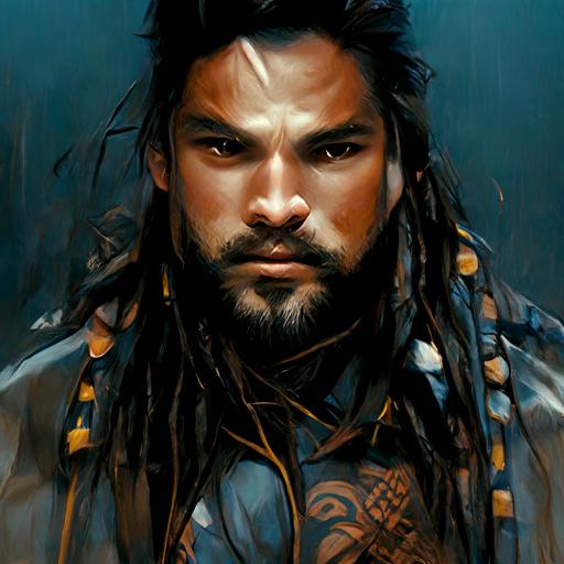 Artgerm, Wlop, midle-age man, Jason Mamoa mixed with a Jack Sparrow, maori saylor, gray beard, fantasy character, dungeons and dragons, Waterworld style, black leather armor, maori tattoo, character portrait, action scene in ocean, IMAX, still film, ambient occlusion, character, epic composition, volumetric lighting, photorealism, realistic eye