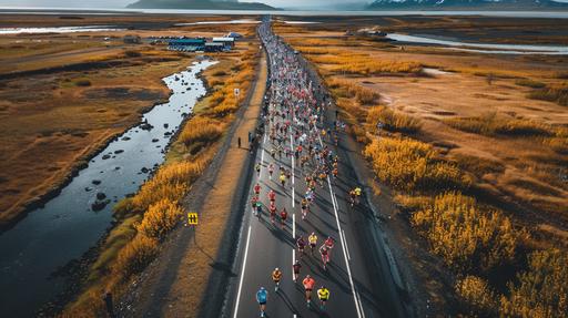 Artic ariel view of the start of a marathon with 20,000 starters, no cars --ar 16:9 --v 6.0