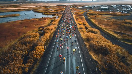 Artic ariel view of the start of a marathon with 20,000 starters, no cars --ar 16:9 --v 6.0