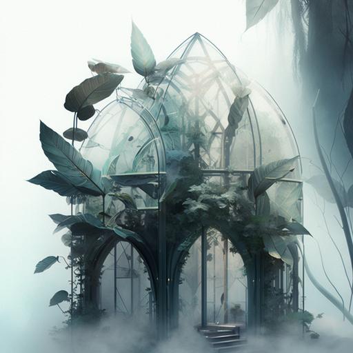 Artificial dystopian organic translucent textile grotto with plants and bodies, technical pipes, metal scaffolding, fog, architectural rendering::