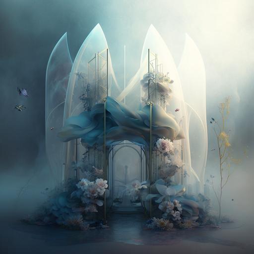 Artificial dystopian organic translucent textile grotto with flowers and bodies, technical pipes, metal scaffolding, fog, architectural rendering::