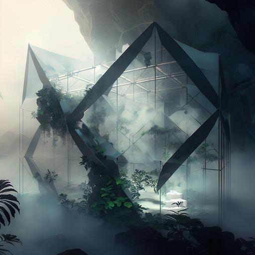 Artificial dystopian organic translucent textile grotto with plants and bodies, technical pipes, metal scaffolding, fog, architectural rendering::