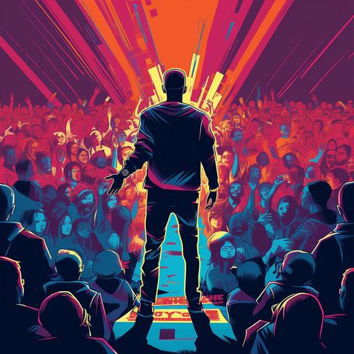 Artistic Image, Back shot of A rapper rapping on stage infront of a small crowd holding mic in hand, spotlight, Hyper Realistic, with bold colors and graphic lines, Digital Illustration, Inspired by Street Art, Abstract Expressionism, long shot , High Detail, negative spacing --q 2 --s 750