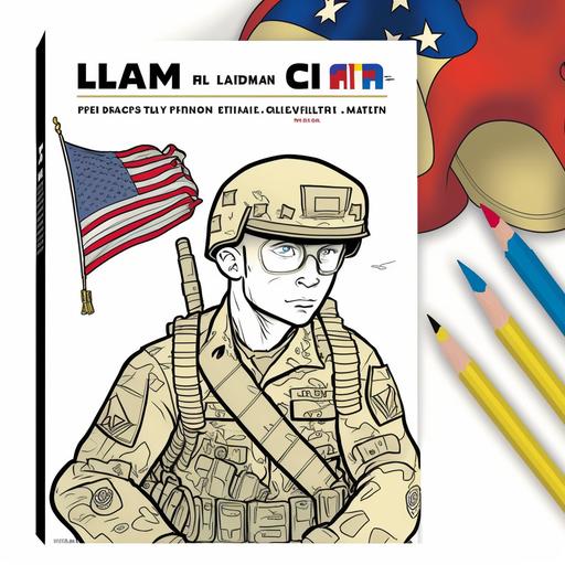 coloring book cover for children, soldier super hero, us army tribute, tanks , ariplanes, american flag, cartoon