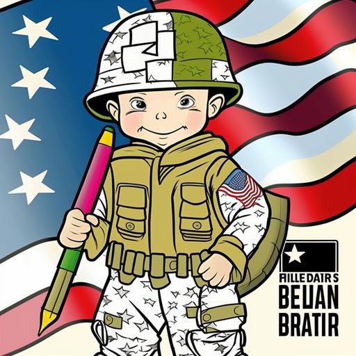coloring book cover, united states army, cartoon kid soldier, happy soldier, super hero, no text no caption, americna flag, crayons
