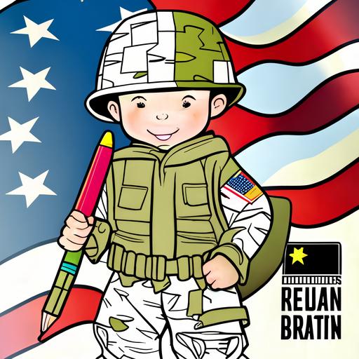 coloring book cover, united states army, cartoon kid soldier, happy soldier, super hero, no text no caption, americna flag, crayons