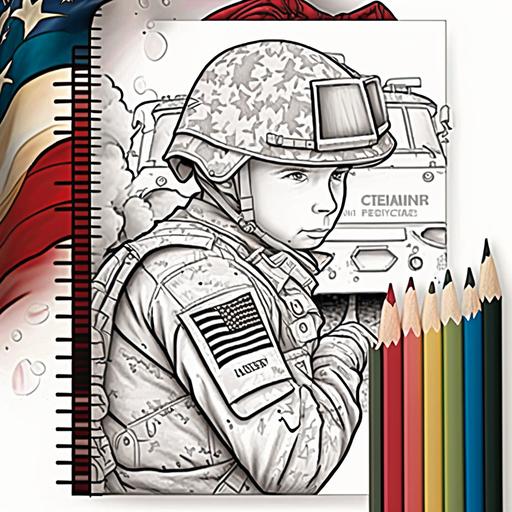 full color, cover coloring book, for children, army heroes, american flag, cartoon, crayons, without text or words, realistic, include tank