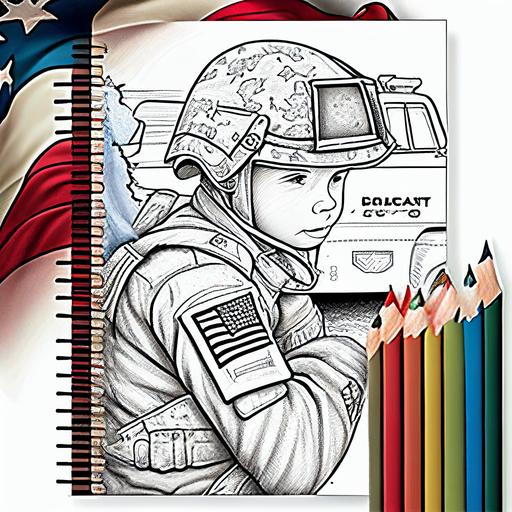 full color, cover coloring book, for children, army heroes, american flag, cartoon, crayons, without text or words, realistic, include tank