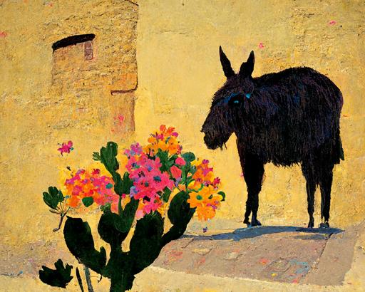 Artwork by Fritz Scholder, an old Mexican pueblo, donkey on a cobblestone street, flowers --ar 4:3