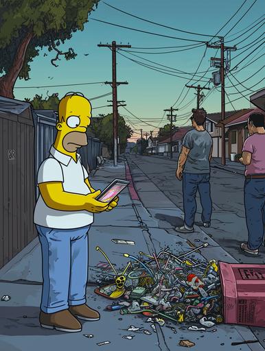 As Homer emerges from the dumpster in Sherman Oaks, he finds himself in a surprisingly ordinary and unremarkable environment. The lack of any surreal or fantastical elements leaves him feeling grounded and in the midst of everyday reality. Rather than experiencing a glitchy appearance or virtual reality simulation, everything appears natural and unaffected. The absence of any unusual visual distortions removes the sense of being stuck in a video game, resulting in a straightforward and unremarkable observation of the surroundings. In this mundane setting, Homer's attempts to interact with the environment yield normal results. The lack of objects passing through his hands eliminates the confusion and disorientation, making the experience uneventful and lacking in intrigue. Feeling less confused and scared, Homer roams the ordinary street without the urgency to find his way back to the 3D wireframe hologram world. The absence of a mysterious journey or quest makes his walk down the street unremarkable and without a sense of purpose. As Homer encounters a group of people gathered around a smartphone, the lack of interest or reaction to his presence makes the situation dull. The absence of any significance or importance in the holographic display on the smartphone leaves Homer's attempt to seek help unfulfilled. Approaching the group, Homer finds that the people are completely absorbed in the mundane holographic display on the smartphone. Their indifference to his presence and the lack of a dramatic or impactful moment makes the scene unremarkable. Desperation for help falls flat as Homer taps on the shoulder of a man wearing headphones, resulting in a lackluster reaction and an uneventful encounter. --ar 3:4 --v 6.0