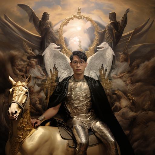 As a Knight on a horse back with gold armour and angel wings in the style renaissance painting