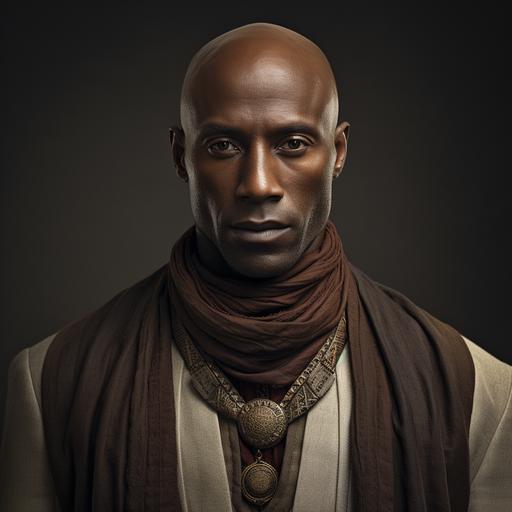 As a beautiful, distinguished Nubian man, bald headed, serious expression on his face