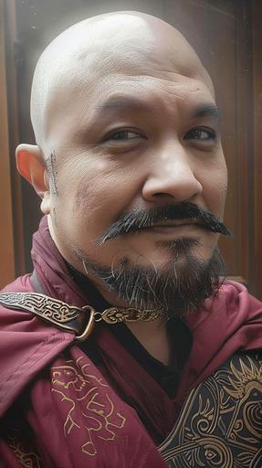 As a sorcerer with a beard, bald, pale skin, dragon tattoos, chinese dragon inspired armor, realistic --ar 9:16 --v 6.0
