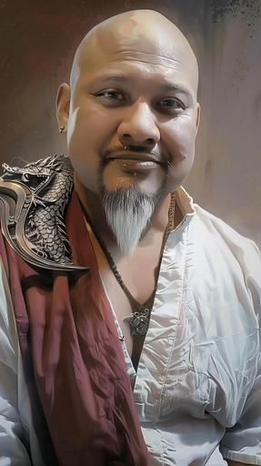 As a sorcerer with a beard, bald, pale skin, dragon tattoos, chinese dragon inspired armor, realistic --ar 9:16