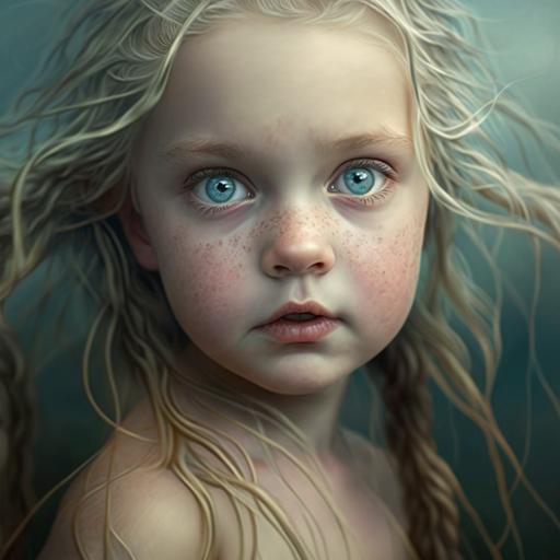 As she dove deeper, she discovered a whole new world filled with sea creatures she had only seen in books before. There were sea turtles, crabs, and starfish. She even saw a giant octopus, which was a bit scary but also exciting:: blue eyed and blonde hair young girl
